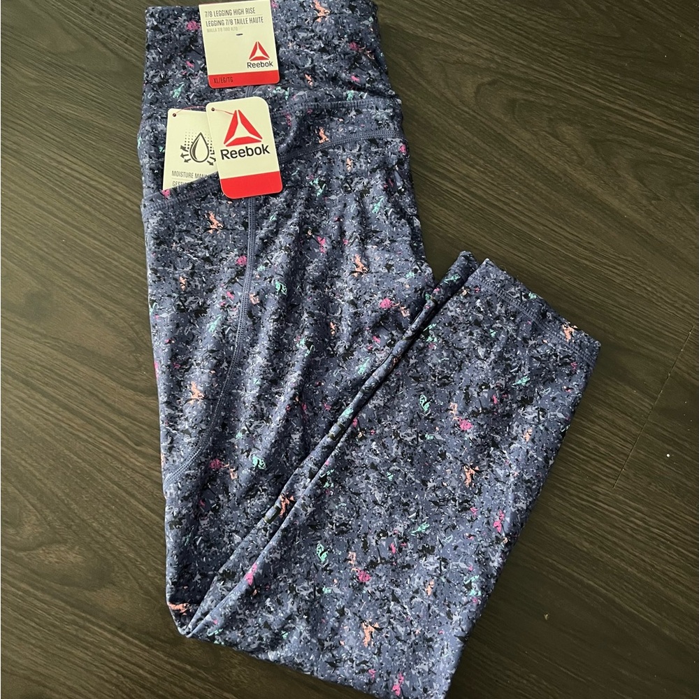 NWT Reebok Blue Speckle Print Full Length Activewear Athletic Leggings Size XL